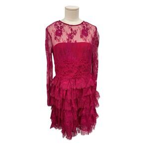 ML Monique Lhuillier Dress Lace Overlay Ruffles Magenta Size 10